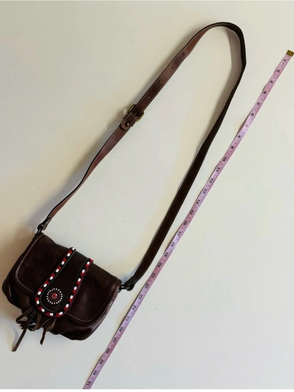 Pikolinos Boho Beaded Brown Leather Crossbody With Red/White/Black Beading